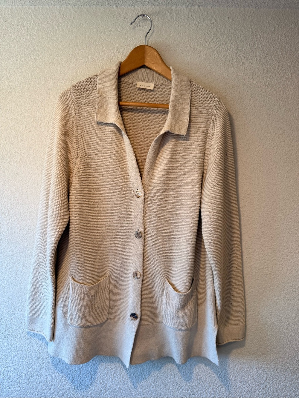 POETRY Cream Collared Hemp Cotton Blend Button Front Cardigan